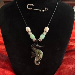 Handmade Glass Seahorse Pendant Necklace with Green and Silver Accents